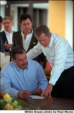 President Bush and Vicente Fox issued a Joint Statement. White House photo by Paul Morse.