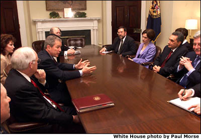 President Bush holds a meeting with Bulgarian President Petar Stoyanov. White House photo by Paul Morse.
