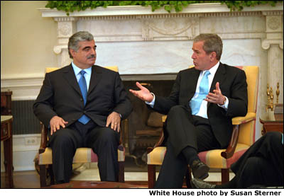 President Bush discusses issues with Prime Minister Rafiq Hariri of Lebanon. White House photo by Susan Sterner