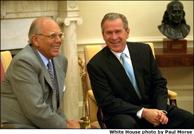 President Bush shares a laugh with President Jorge Batlle of Uruguay. White House photo by Paul Morse