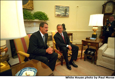 President Bush meets with Mexican President Vicente Fox in the Oval Office. White House photo by Paul Morse.