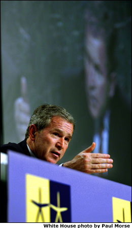 President George W. Bush talks about his meetings with Swedish Prime Minister Goran Persson and European Union Commission President Romano Prodi in Göteborg, Sweden at a press conference on Wednesday, June 14, 2001. White House photo by Paul Morse