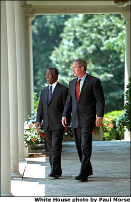 After returning from his first trip to Europe, President Bush met with many African leaders at the White House, including President Thabo Mbeki of South Africa. White House photo by Paul Morse.