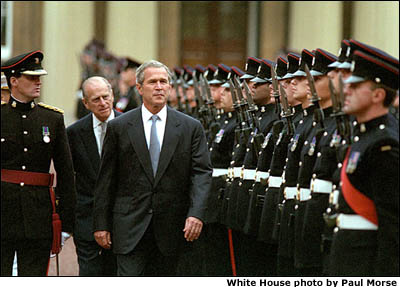 President Bush reviews the guard during his visit to Buckingham Palace on July 19, 2001. White House photo by Paul Morse.