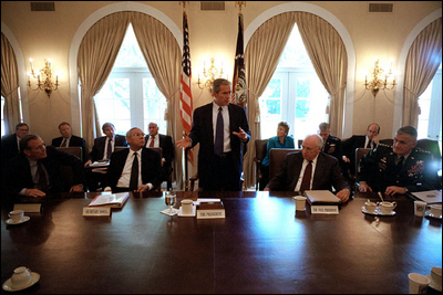 Meeting with his National Security Council in the Cabinet Room the morning after the attacks in New York City and Washington, D.C., President Bush outlines the new course of his administration.