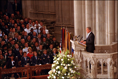 During the newly proclaimed National Day of Prayer and Remembrance, President Bush addresses the congregation at the National Cathedral in Washington, D.C. Sept. 14.