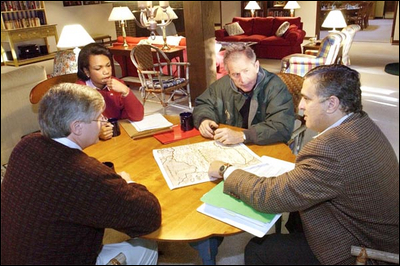President Bush meets with Chief of Staff Andy Card, National Security Advisor Condoleezza Rice and CIA Director George Tenet at Camp David to discuss America's response to terrorism.
