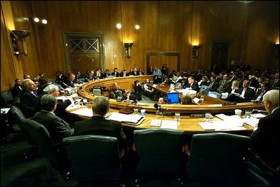 After being nominated to be the Secretary of the Department of Homeland Security, Governor Ridge appears before a Senate confirmation hearing at the U.S. Capitol Jan. 17, 2003.