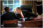 President George W. Bush and Governor Ridge meet alone in the Oval Office Oct. 23, 2001.