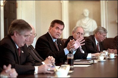 Governor Ridge meets with members of Congress, Vice President Cheney (pictured to Governor Ridge's right) and President Bush (not pictured) in the Cabinet Room Oct. 24, 2001.