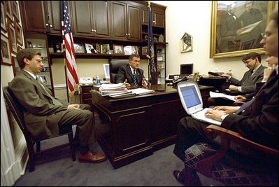Tucked away in a small West Wing office, Governor Ridge holds an interview with reporters in his office Jan 9, 2003.