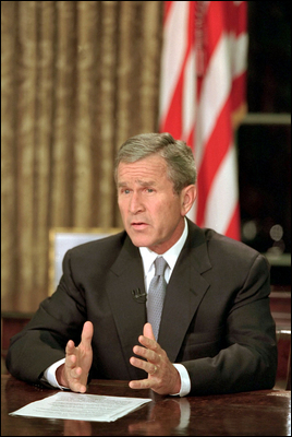 President George W. Bush addresses the nation from the Oval Office the evening of Sept. 11, 2001.