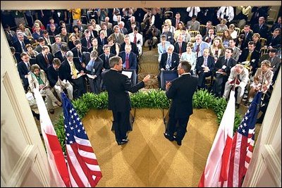 The two Presidents conduct a joint press conference in the East Room July 17. The leaders outlined two initiatives that would encourage stronger military and economic cooperation between Poland and the United States. White House photo by Paul Morse.
