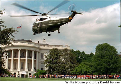 President George W. Bush arrives aboard Marine One from Camp David for the tee-ball game on the South Lawn event Sunday, May 7, 2001. White House photo by David Bohrer.