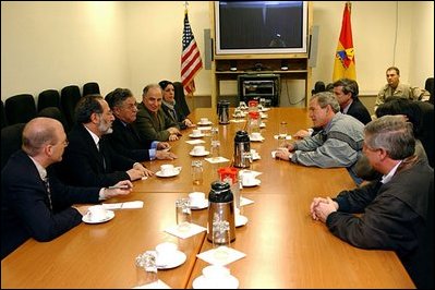 After visiting with the troops, President Bush meets privately with members of the Iraqi Governing Council in Baghdad, Iraq, Nov. 27, 2003.