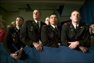 Cadets from the New Mexico Military Institute listen as President George W. Bush delivers remarks on the war on terror at the Roswell Convention Center in Roswell, N.M., Thursday, Jan. 22, 2004.