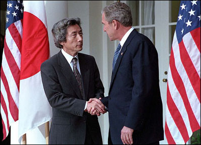 President Bush and Japanese Prime Minister Junichiro Koizumi conduct a joint press conference in the Rose Garden Sept. 25. "We Japanese are ready to stand by the United States to fight terrorism," said the Prime Minister.