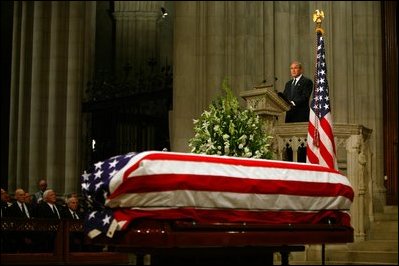 President George W. Bush delivers eulogy at the funeral service for former President Ronald Reagan at the National Cathedral in Washington, DC on June 11, 2004. 
