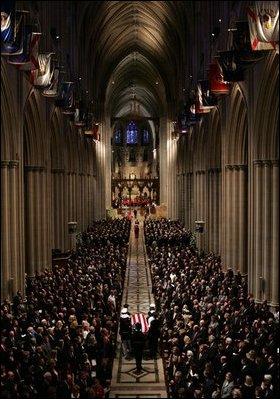 Former President Ronald Reagan's casket is carried into the National Cathedral at the National Funeral Service in Washington, D.C., Friday, June 11, 2004. 