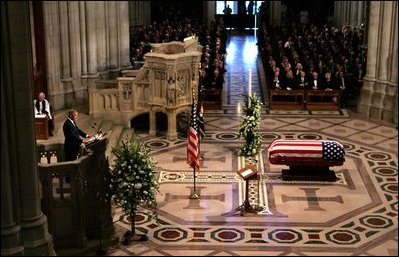 President George W. Bush delivers eulogy at the funeral service for former President Ronald Reagan at the National Cathedral in Washington, DC on June 11, 2004.