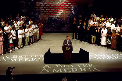 President Bush discusses his compassionate conservative agenda for inner cities in Cleveland, Ohio, July 1, 2002. 