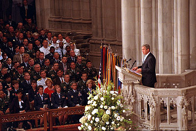 President Bush addresses the congregation at the National Cathedral in Washington, D.C., September 14, 2001.