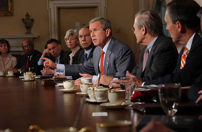 President George W. Bush addresses the media during a Cabinet meeting Aug. 1, 2003.