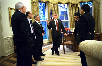 President George W. Bush meets with Vice President Dick Cheney, Press Secretary Ari Fleischer, Chief of Staff Andrew Card, National Security Advisor Condoleezza Rice and Counsel Al Gonzales in the Oval Office March 17, 2003.