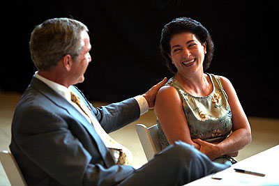 President Bush talks one-on-one with a participant at a roundtable discussion in Cleveland, Ohio, July 1, 2002.