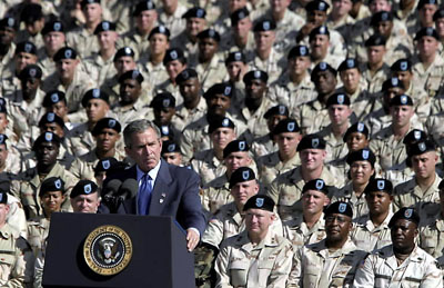 President George W. Bush delivers remarks to military personnel and their families at Ft. Stewart, Ga., Sept. 12, 2003.