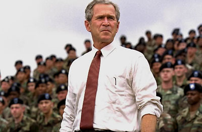 President George W. Bush addresses troops and families of the 10th Mountain Division and other members of the Fort Drum Community at Fort Drum, N.Y., July 19, 2002.