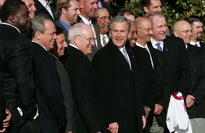 President George W. Bush poses with the Boston Red Sox, the 2004 World Series champions, during a South Lawn ceremony celebrating the team�s historic achievement Wednesday, March 02, 2005. "You answered 86 years of prayer," said the President. "That's an amazing feat, isn't it? I mean, when the Red Sox won, people all over the world cheered."  White House photo by Eric Draper