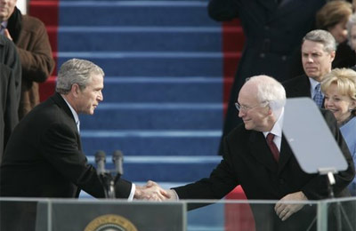 President George W. Bush shakes hands with Vice President Dick Cheney during the 55th Presidential Inauguration swearing-in ceremony at the U.S. Capitol, Washington, D.C., Thursday, Jan. 20, 2005.White House photo by Paul Morse
