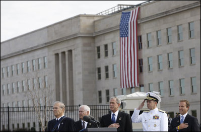 President George W. Bush is joined from left by former Secretary of Defense Donald Rumsfeld, U.S. Secretary of Defense Robert Gates, Chairman of the Joint Chiefs of Staff, Admiral Michael Mullen and James J. Laychak, chairman of the Pentagon Memorial Fund, Inc.,Thursday, Sept. 11, 2008, during National Anthem at the dedication of the 9/11 Pentagon Memorial at the Pentagon in Arlington, Va.