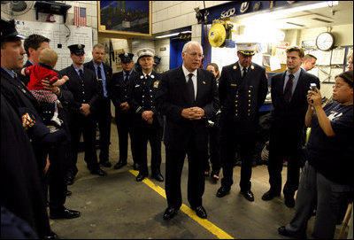 Vice President Dick Cheney meets with firefighters of FDNY Rescue Company 1 at their firehouse in New York, N.Y., Sept. 11, 2003. Eleven firefighters from the company died in the terrorist attacks Sept. 11, 2001. They are: Capt. Terence S. Hatton, 41; Lt. Dennis Mojica, 50; Joseph Angelini Sr., 63; Gary Geidel, 44; William Henry, 49; Kenneth Joseph Marino, 40; Michael G. Montesi, 39; Gerard Terence Nevins, 46; Patrick J. O'Keefe, 44; Brian Edward Sweeney, 29; and David M. Weiss, 41.