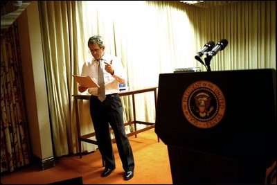 After days of revisions and rehearsals, President Bush reads through his State of the Union speech during a late afternoon practice session in the family theater of the White House, Monday, Jan. 27, 2003. 