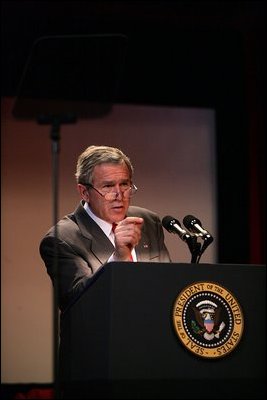President George W. Bush goes through his speech Tuesday, Feb. 1, 2005, in the Family Theater of the White House in preparation for his scheduled address to the nation Wednesday.