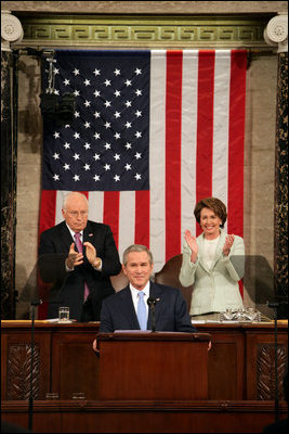 President George W. Bush receives applause while delivering the State of the Union address at the U.S. Capitol Tuesday, Jan. 23, 2007. Also pictured are Vice President Dick Cheney and Speaker of the House Nancy Pelosi.