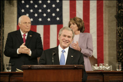 President George W. Bush smiles as he delivers his 2008 State of the Union address Monday, Jan. 28, 2008, at the U.S. Capitol.