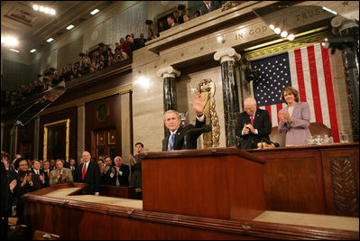 President George W. Bush waves to the audience Monday evening, Jan. 28, 2008 at the U.S. Capitol, following the President's delivery of his 2008 State of the Union Address.