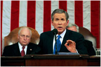 In his speech, President George W. Bush addresses domestic and international issues such as UN reports regarding Iraq at the U.S. Capitol Jan. 28, 2003. “The United Nations concluded in 1999 that Saddam Hussein had biological weapons sufficient to produce over 25,000 liters of anthrax -- enough doses to kill several million people,” said the President. “He hasn't accounted for that material. He's given no evidence that he has destroyed it.” 
