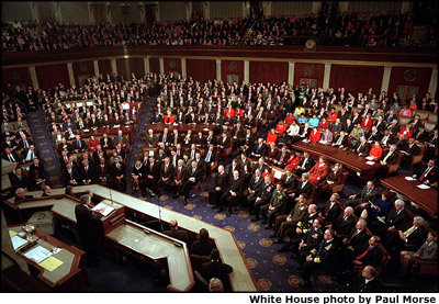 Following the tradition begun by George Washington Jan. 8, 1790, President Bush delivers his State of the Union address to a crowded joint session of Congress in the United States Capitol Jan. 29, 2002. White House photo by Paul Morse.