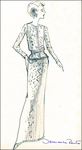 Sketch of the Oscar de la Renta evening gown. The gown is made of blush colored tulle with gold threadwork and multi-colored stone embroidery. The dress features a split jewel neck and long sleeves, with a long trumpet skirt.