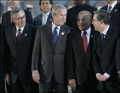 President George W. Bush is joined by leaders of the Americas Friday, Nov. 4, 2005, during the 2005 Summit of the Americas class photo in Mar del Plata, Argentina. Joining him in the front row are, from left: President Eduardo Rodriguez of Bolivia; Prime Minister Owen Arthur of Barbados; and Colombia President Alvaro Uribe.