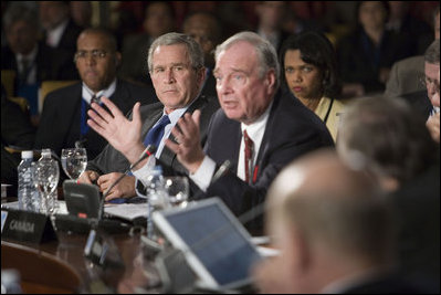 President George W. Bush and Secretary of State Condoleezza Rice listen as Prime Minister Paul Marten of Canada speaks Friday, Nov. 4, 2005, during the opening session of the 2005 Summit of the Americas in Mar del Plata, Argentina.