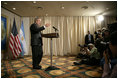 President George W. Bush meets with the traveling press pool Friday, Nov. 4, 2005, at the Sheraton Mar del Plata in Mar del Plata, Argentina. The President thanked the media for coming and said he was pleased to be in Argentina.