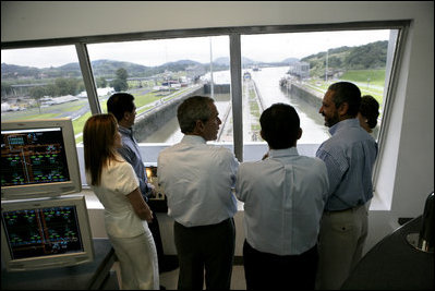 President George W. Bush tours the command center of the Panama Canal's Miraflores Locks with President Martin Torrijos of Panama in Panama City, Panama, Monday, Nov. 7, 2005. 