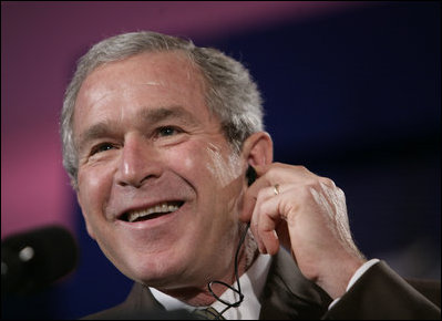 President George W. Bush reacts during a joint press availability with the President Martin Torrijos of Panama at Casa Amarilla in Panama City, Panama, Monday, Nov. 7, 2005. 