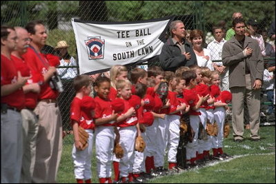 Memphis Red Sox vs. Rockies tee-ball game on the South Lawn of the White House May 7, 2001.
