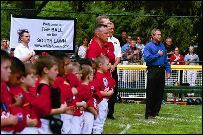 President George W. Bush and Mrs. Bush hosts Tee Ball on the South Lawn with The Fort Belvoir Little League Braves of Fort Belvoir, Virginia and the Naval Base Little League Yankees of Norfolk, Virginia, June 23, 2003.